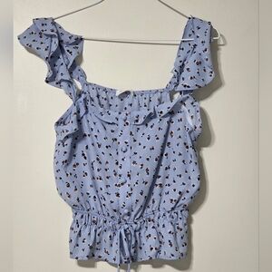 Light Blue Floral Ruffle Stetchy Tie-Front Feminine Peplum Crop Tank Top small